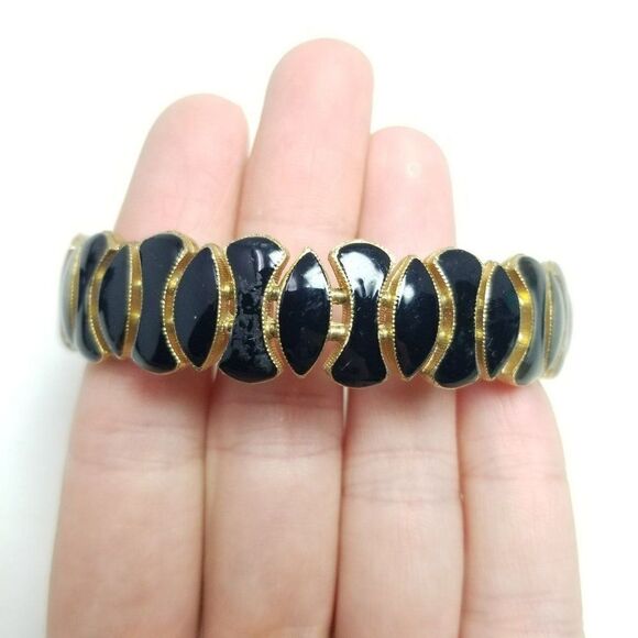 Vintage Black Enamel and Gold Tone Cuff Bangle Bracelet, Stacking Estate - Picture 1 of 7